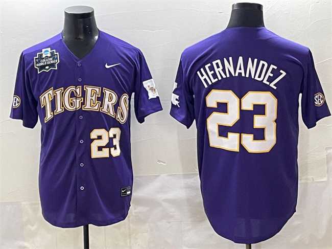 Men's LSU Tigers #23 Luis Hernandez Purple 2025 World Series & SEC Patch Stitched Baseball Jersey,We sell and wholesale Men's LSU Tigers #23 Luis Hernandez Purple 2025 World Series & SEC Patch Stitched Baseball Jersey on line form chian!