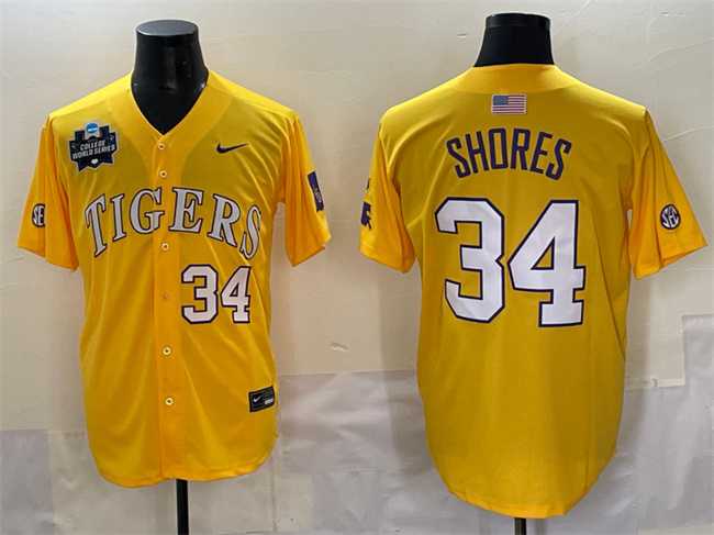 Men's LSU Tigers #34 Chase Shores Gold 2025 World Series & SEC Patch Stitched Baseball Jersey,We sell and wholesale Men's LSU Tigers #34 Chase Shores Gold 2025 World Series & SEC Patch Stitched Baseball Jersey on line form chian!