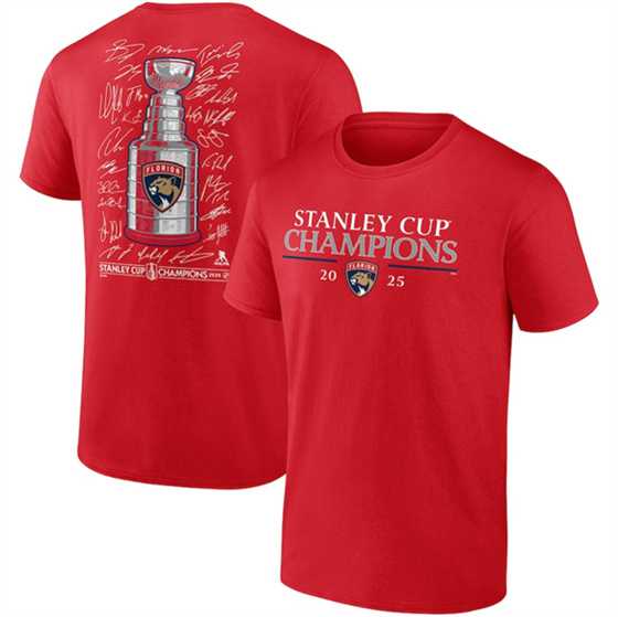 Men's Florida Panthers Red 2025 Stanley Cup Champions Signature Roster T-Shirt,We sell and wholesale Men's Florida Panthers Red 2025 Stanley Cup Champions Signature Roster T-Shirt on line form chian!