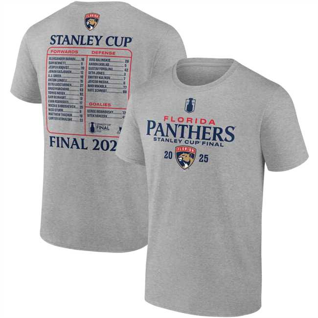 Men's Florida Panthers Heather Gray 2025 Stanley Cup Final Roster T-Shirt,We sell and wholesale Men's Florida Panthers Heather Gray 2025 Stanley Cup Final Roster T-Shirt on line form chian!