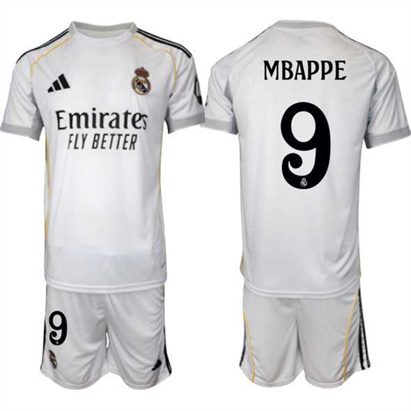 Men's Real Madrid #9 Kylian Mbappe 25-26 White Home Soccer Jersey Suit,We sell and wholesale Men's Real Madrid #9 Kylian Mbappe 25-26 White Home Soccer Jersey Suit on line form chian!