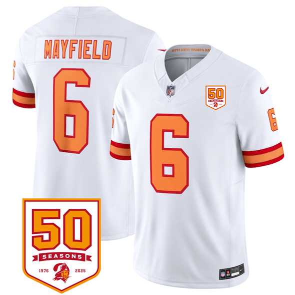 Men & Women & Youth Tampa Bay Buccaneers #6 Baker Mayfield White 2025 F.U.S.E. 50th Anniversary Patch Vapor Untouchable Limited Stitched Jersey,We sell and wholesale Men & Women & Youth Tampa Bay Buccaneers #6 Baker Mayfield White 2025 F.U.S.E. 50th Anniversary Patch Vapor Untouchable Limited Stitched Jersey on line form chian!
