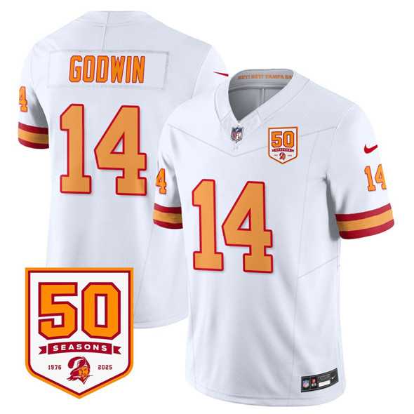 Men & Women & Youth Tampa Bay Buccaneers #14 Chris Godwin White 2025 F.U.S.E. 50th Anniversary Patch Vapor Limited Stitched Jersey,We sell and wholesale Men & Women & Youth Tampa Bay Buccaneers #14 Chris Godwin White 2025 F.U.S.E. 50th Anniversary Patch Vapor Limited Stitched Jersey on line form chian!