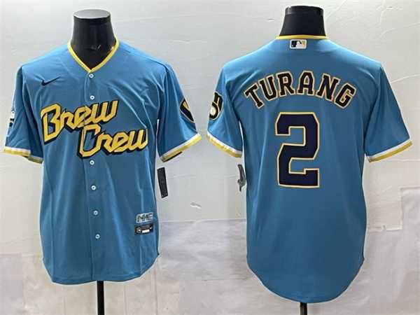 Men's Milwaukee Brewers #2 Brice Turang Powder Blue City Connect Cool Base Stitched Jersey,We sell and wholesale Men's Milwaukee Brewers #2 Brice Turang Powder Blue City Connect Cool Base Stitched Jersey on line form chian!