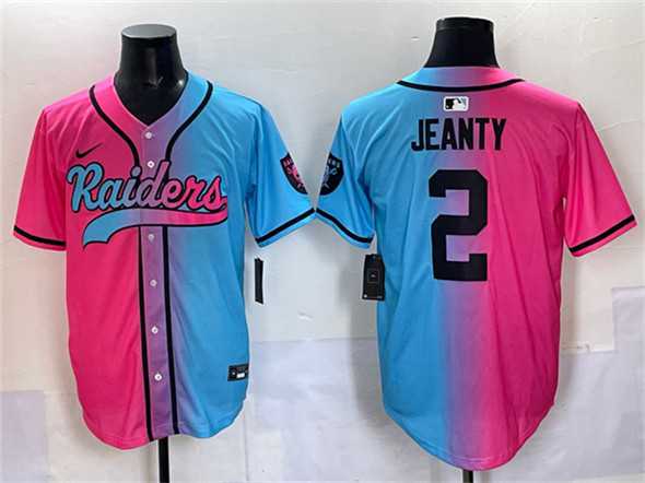 Men's Las Vegas Raiders #2 Ashton Jeanty Pink Blue Limited Stitched Baseball Jersey,We sell and wholesale Men's Las Vegas Raiders #2 Ashton Jeanty Pink Blue Limited Stitched Baseball Jersey on line form chian!