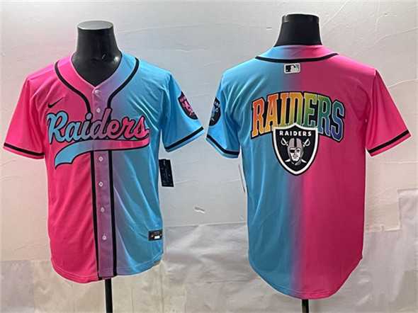 Men's Las Vegas Raiders Team Big Logo Pink Blue Limited Stitched Baseball Jersey1,We sell and wholesale Men's Las Vegas Raiders Team Big Logo Pink Blue Limited Stitched Baseball Jersey1 on line form chian!