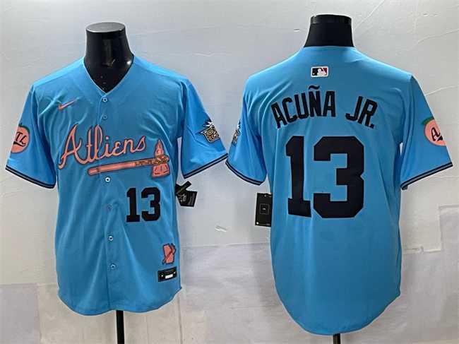 Men's Atlanta Braves #13 Ronald Acuna Jr. Blue 2024 Atliens & Peach With Outkast Patch Vapor Limited Stitched Jersey,We sell and wholesale Men's Atlanta Braves #13 Ronald Acuna Jr. Blue 2024 Atliens & Peach With Outkast Patch Vapor Limited Stitched Jersey on line form chian!