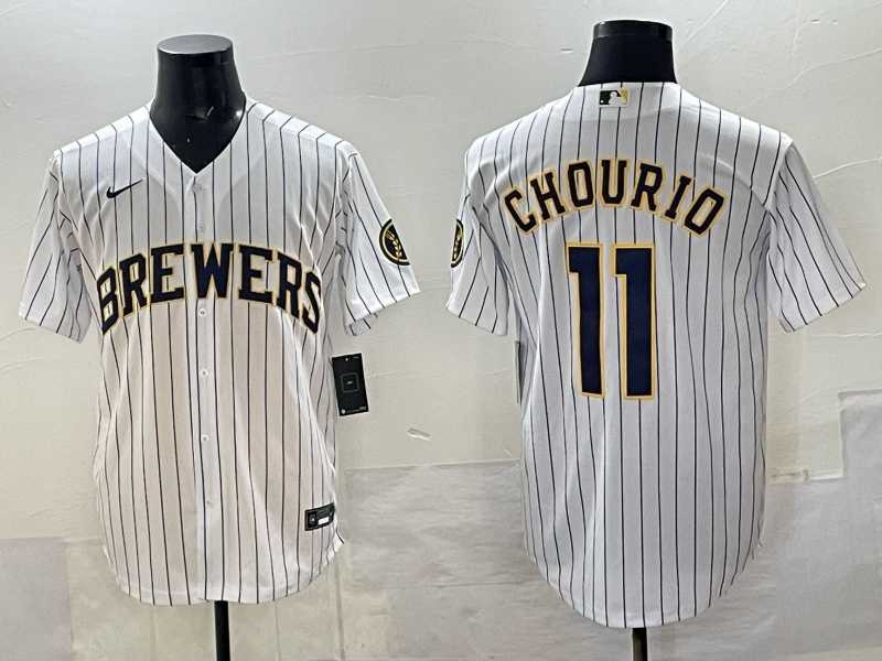 Men's Milwaukee Brewers #11 Jackson Chourio White Pinstripe 2025 With Patch Stitched Jersey,We sell and wholesale Men's Milwaukee Brewers #11 Jackson Chourio White Pinstripe 2025 With Patch Stitched Jersey on line form chian!
