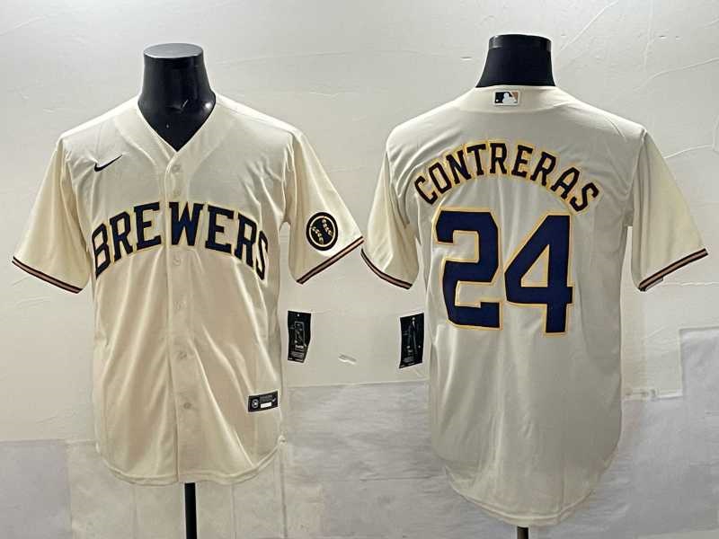 Men's Milwaukee Brewers #24 William Contreras Cream With Patch Stitched Jersey,We sell and wholesale Men's Milwaukee Brewers #24 William Contreras Cream With Patch Stitched Jersey on line form chian!