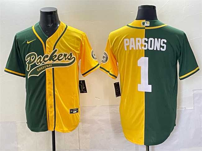 Men's Green Bay Packers #1 Micah Parsons Green Gold Split Cool Base Stitched Baseball Jersey,We sell and wholesale Men's Green Bay Packers #1 Micah Parsons Green Gold Split Cool Base Stitched Baseball Jersey on line form chian!