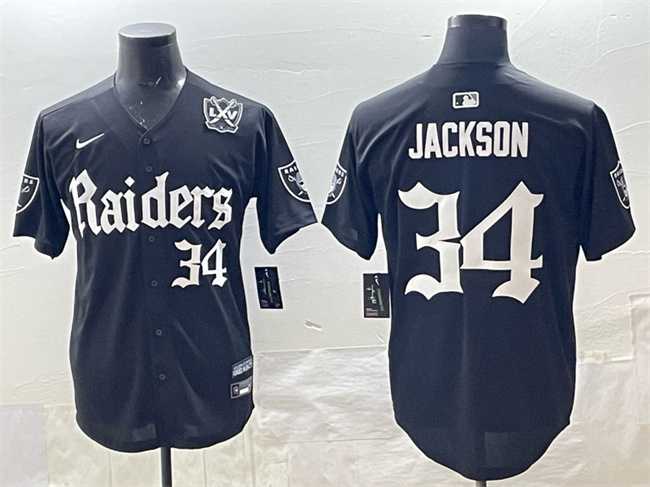 Men's Las Vegas Raiders #34 Bo Jackson Black 'Gothic Sin City Shadows Edition' With 65th Anniversary Patch Vapor Limited Stitched Baseball Jersey,We sell and wholesale Men's Las Vegas Raiders #34 Bo Jackson Black 'Gothic Sin City Shadows Edition' With 65th Anniversary Patch Vapor Limited Stitched Baseball Jersey on line form chian!