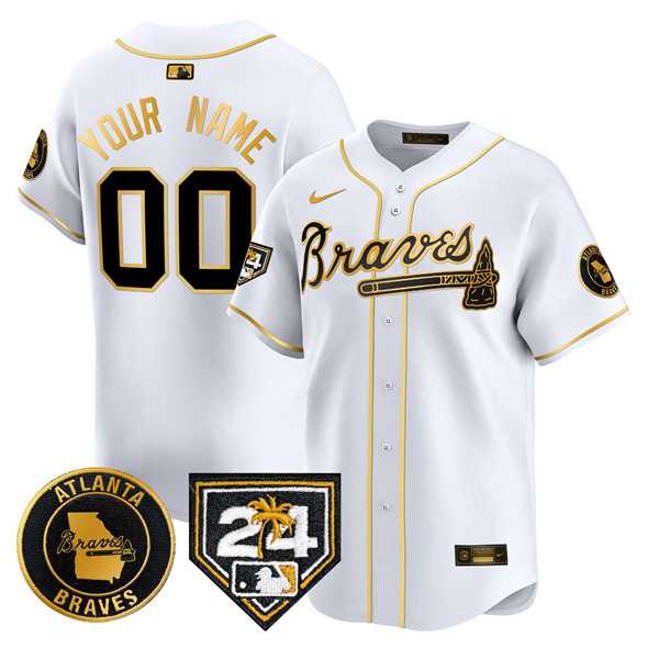 Men's Atlanta Braves Customized White Gold 2024 Spring Training Patch Limited Stitched Baseball Jersey,We sell and wholesale Men's Atlanta Braves Customized White Gold 2024 Spring Training Patch Limited Stitched Baseball Jersey on line form chian!