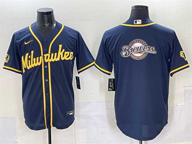Men's Milwaukee Brewers Team Big Logo Navy 2025 With Patch Stitched Jersey,We sell and wholesale Men's Milwaukee Brewers Team Big Logo Navy 2025 With Patch Stitched Jersey on line form chian!
