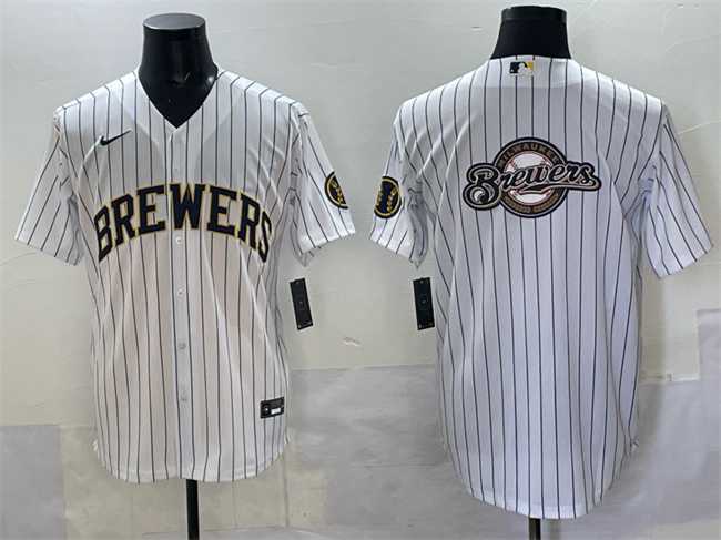 Men's Milwaukee Brewers Team Big Logo White Pinstripe 2025 With Patch Stitched Jersey,We sell and wholesale Men's Milwaukee Brewers Team Big Logo White Pinstripe 2025 With Patch Stitched Jersey on line form chian!