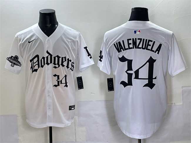 Men's Los Angeles Dodgers #34 Fernando Valenzuela White 2025 LA Gothic Style With 2024 World Series Champions Patch Vapor Premier Limited Stitched Jersey,We sell and wholesale Men's Los Angeles Dodgers #34 Fernando Valenzuela White 2025 LA Gothic Style With 2024 World Series Champions Patch Vapor Premier Limited Stitched Jersey on line form chian!