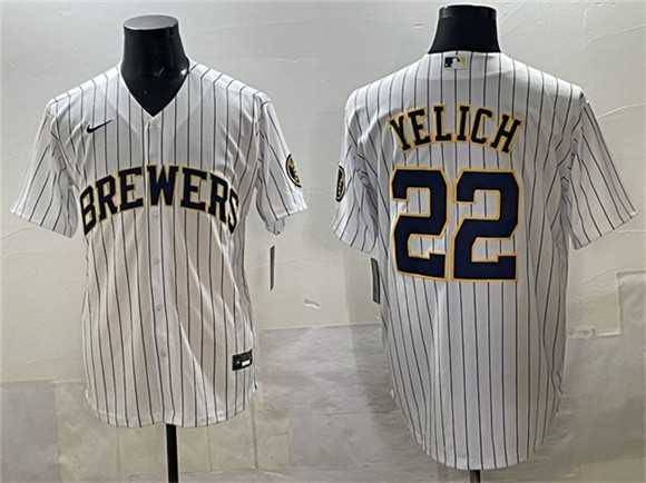 Men's Milwaukee Brewers #22 Christian Yelich White Pinstripe 2025 With Patch Stitched Jersey,We sell and wholesale Men's Milwaukee Brewers #22 Christian Yelich White Pinstripe 2025 With Patch Stitched Jersey on line form chian!