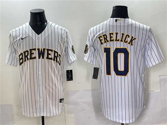 Men's Milwaukee Brewers #10 Sal Frelick White Pinstripe 2025 With Patch Stitched Jersey,We sell and wholesale Men's Milwaukee Brewers #10 Sal Frelick White Pinstripe 2025 With Patch Stitched Jersey on line form chian!