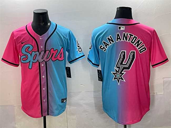 Men's San Antonio Spurs Team Big Logo Pink Blue Limited Stitched Baseball Jersey,We sell and wholesale Men's San Antonio Spurs Team Big Logo Pink Blue Limited Stitched Baseball Jersey on line form chian!