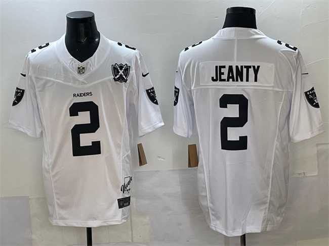 Men's Las Vegas Raiders #2 Ashton Jeanty White 2025 Draft F.U.S.E. With Nevada Silver Stat Patch And 65th Anniversary Patch Stitched Jersey,We sell and wholesale Men's Las Vegas Raiders #2 Ashton Jeanty White 2025 Draft F.U.S.E. With Nevada Silver Stat Patch And 65th Anniversary Patch Stitched Jersey on line form chian!