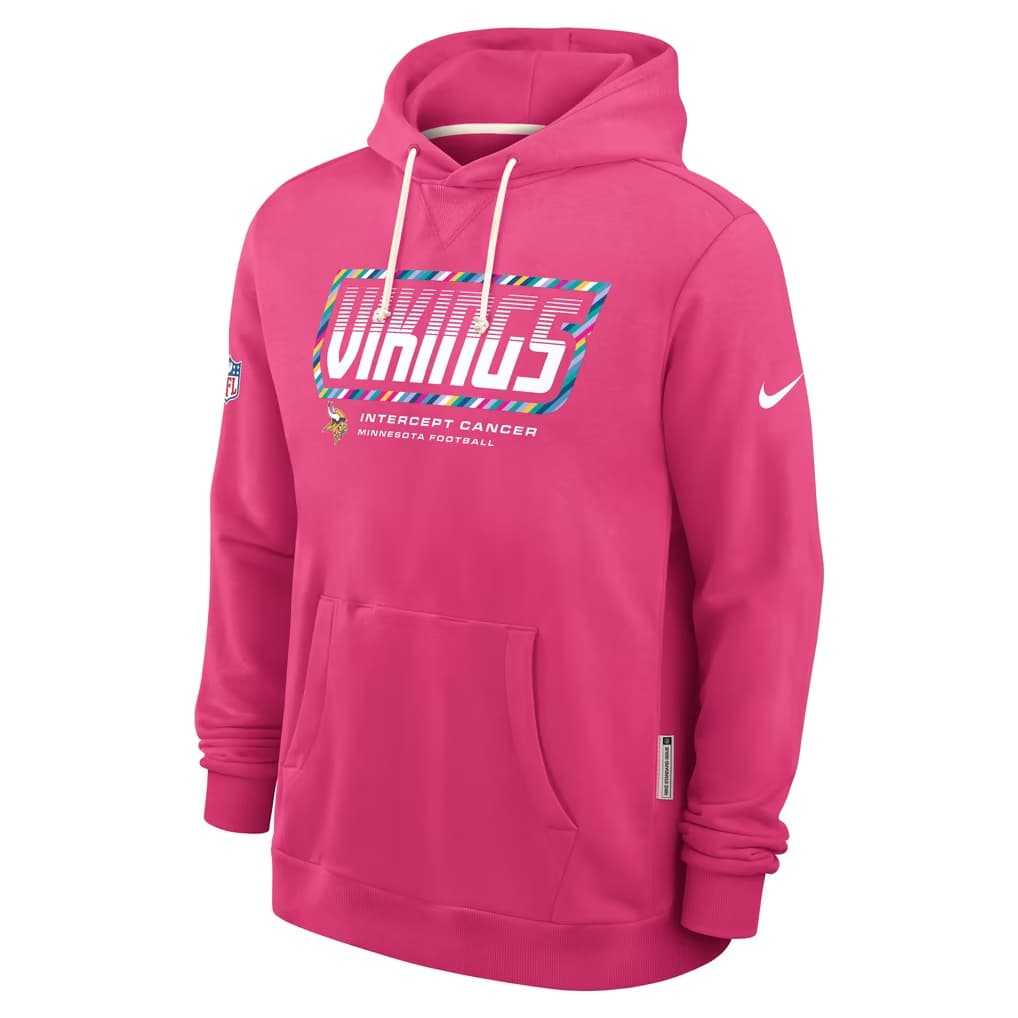 Men's Minnesota Vikings Pink 2026 Crucial Catch Sideline Standard Issue Dri-FIT Pullover Hoodie,We sell and wholesale Men's Minnesota Vikings Pink 2026 Crucial Catch Sideline Standard Issue Dri-FIT Pullover Hoodie on line form chian!