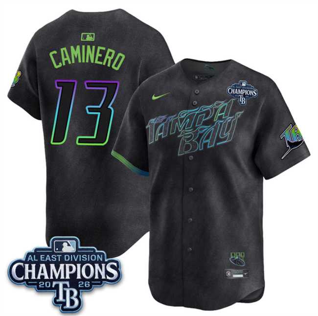Men's Tampa Bay Rays #13 Junior Caminero Charcoal 2026 AL East Champions Patch City Connect Limited Stitched Jersey Dzhi,We sell and wholesale Men's Tampa Bay Rays #13 Junior Caminero Charcoal 2026 AL East Champions Patch City Connect Limited Stitched Jersey Dzhi on line form chian!