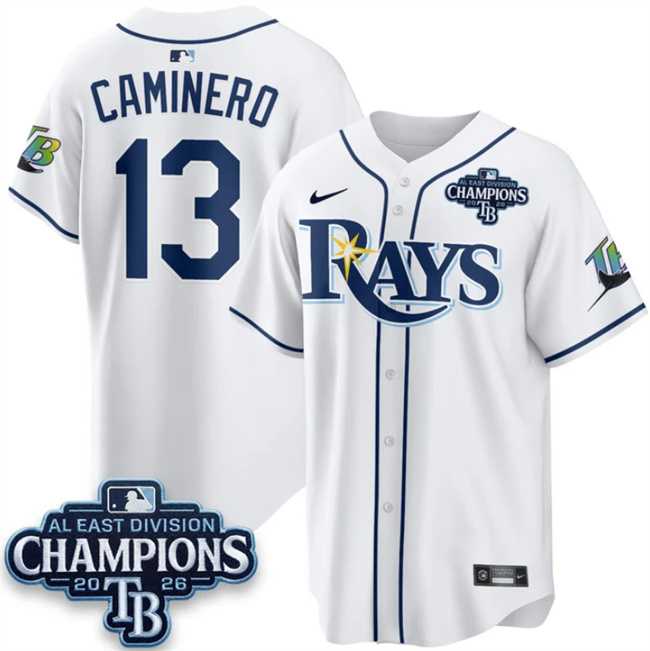 Men's Tampa Bay Rays #13 Junior Caminero White 2026 AL East Champions Patch Limited Stitched Jersey Dzhi,We sell and wholesale Men's Tampa Bay Rays #13 Junior Caminero White 2026 AL East Champions Patch Limited Stitched Jersey Dzhi on line form chian!