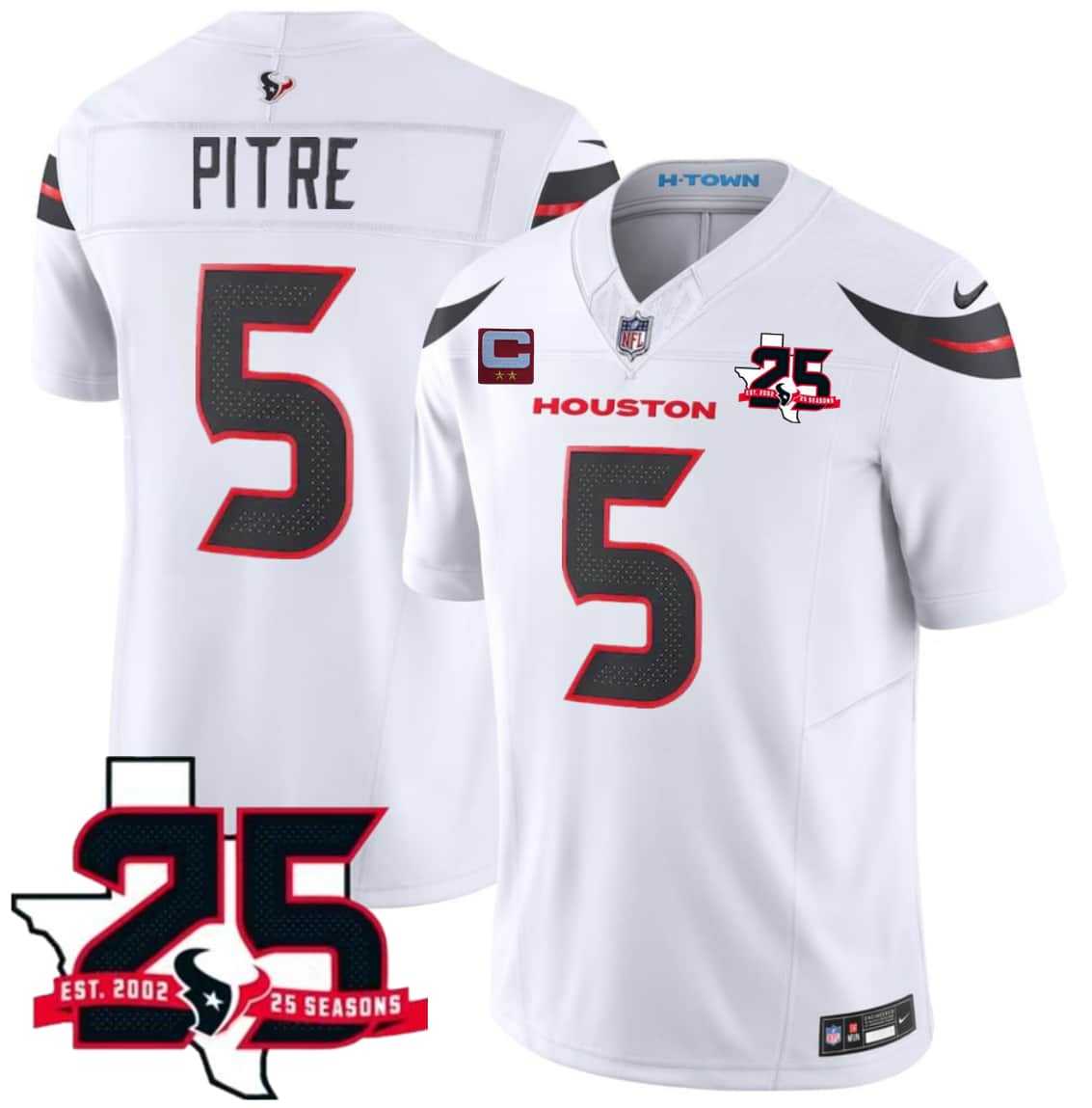 Men's Houston Texans #5 Jalen Pitre White 2026 With 25th Anniversary Patch And 2-Star C Patch F.U.S.E. Vapor Limited Stitched Jersey,We sell and wholesale Men's Houston Texans #5 Jalen Pitre White 2026 With 25th Anniversary Patch And 2-Star C Patch F.U.S.E. Vapor Limited Stitched Jersey on line form chian!