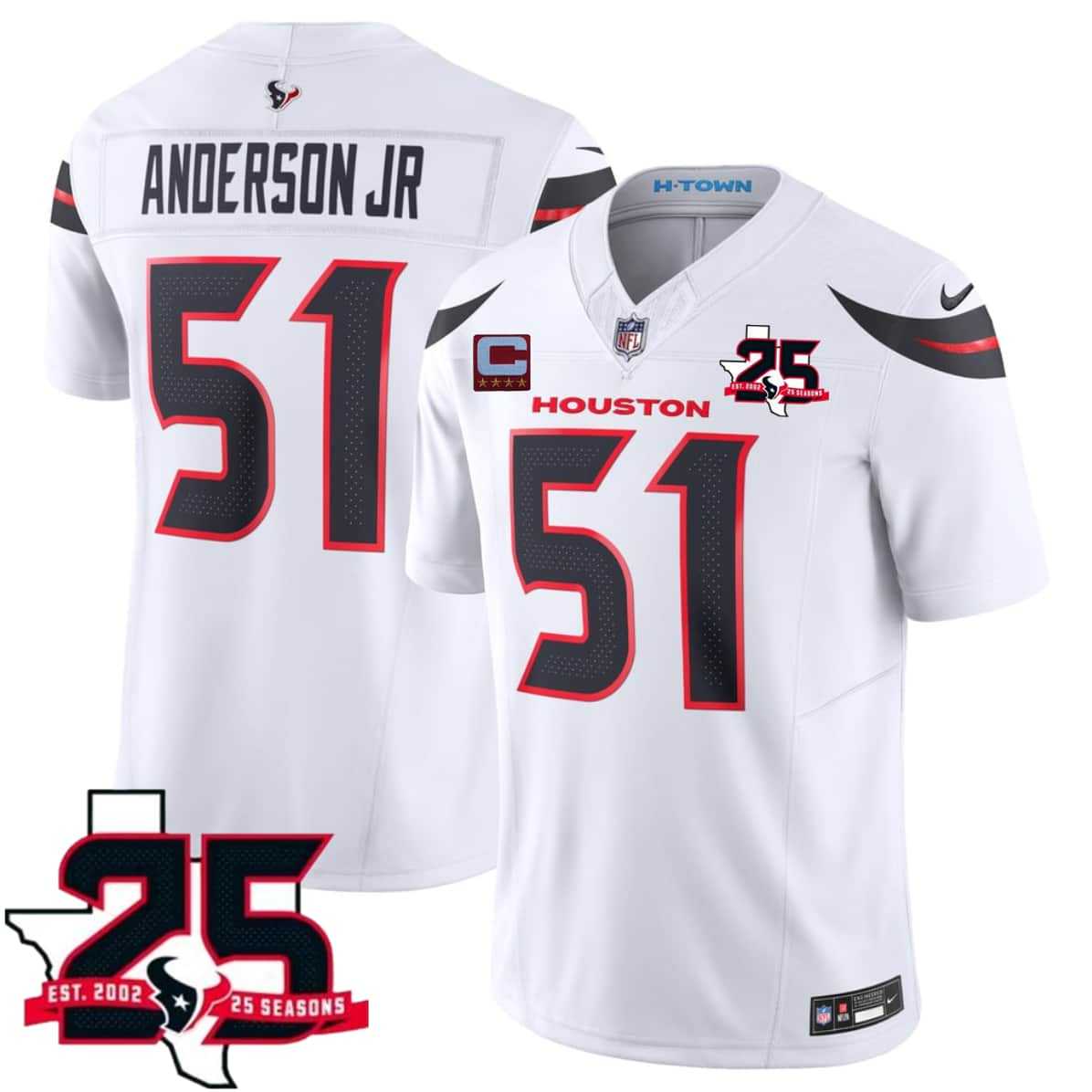 Men's Houston Texans #51 Will Anderson Jr White 2026 With 25th Anniversary Patch And 4-Star C Patch F.U.S.E. Vapor Limited Stitched Jersey,We sell and wholesale Men's Houston Texans #51 Will Anderson Jr White 2026 With 25th Anniversary Patch And 4-Star C Patch F.U.S.E. Vapor Limited Stitched Jersey on line form chian!