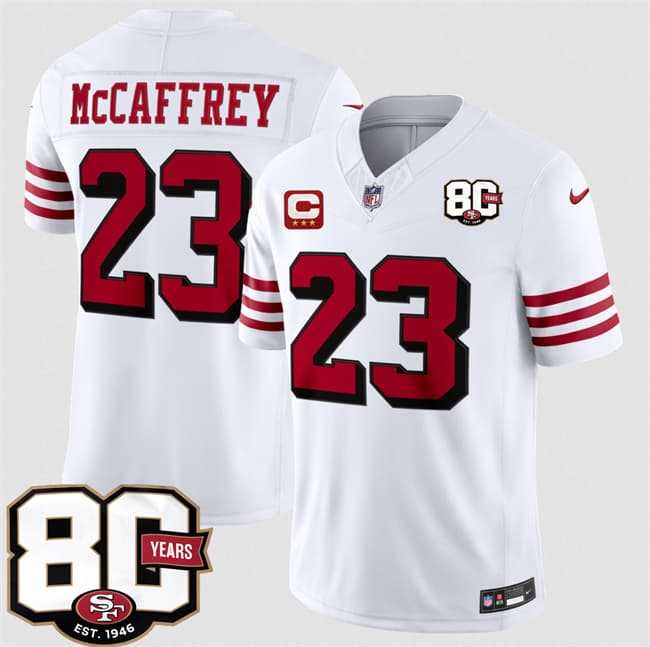 Men's San Francisco 49ers #23 Christian McCaffrey New White 2026 F.U.S.E. With 80th Anniversary & 3-Star C Patch Vapor Untouchable Limited Stitched Jersey,We sell and wholesale Men's San Francisco 49ers #23 Christian McCaffrey New White 2026 F.U.S.E. With 80th Anniversary & 3-Star C Patch Vapor Untouchable Limited Stitched Jersey on line form chian!