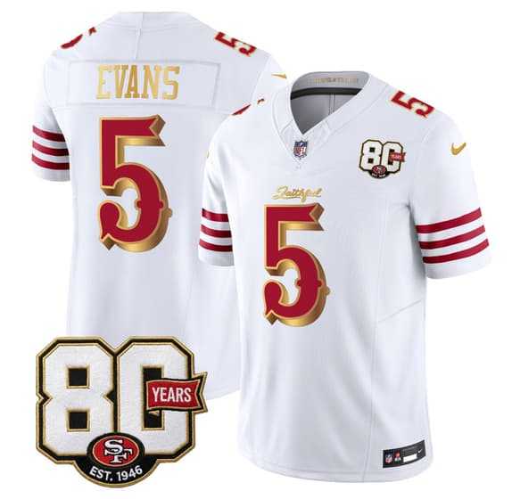 Men's San Francisco 49ers #5 Mike Evans White Gold 80th Anniversary Patch 'Rivalries' 2026 F.U.S.E. Vapor Untouchable Limited Stitched Jersey,We sell and wholesale Men's San Francisco 49ers #5 Mike Evans White Gold 80th Anniversary Patch 'Rivalries' 2026 F.U.S.E. Vapor Untouchable Limited Stitched Jersey on line form chian!