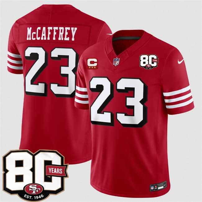 Men's San Francisco 49ers #23 Christian McCaffrey New Red 2026 F.U.S.E. With 80th Anniversary & 3-Star C Patch Vapor Untouchable Limited Stitched Jersey,We sell and wholesale Men's San Francisco 49ers #23 Christian McCaffrey New Red 2026 F.U.S.E. With 80th Anniversary & 3-Star C Patch Vapor Untouchable Limited Stitched Jersey on line form chian!