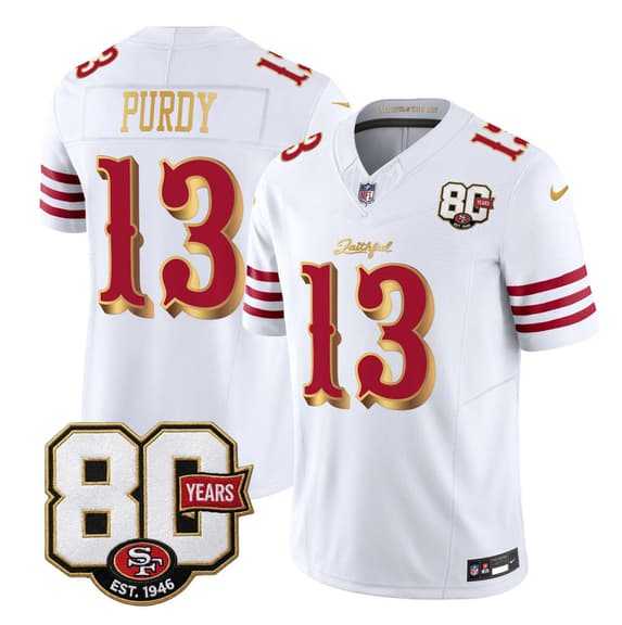 Men's San Francisco 49ers #13 Brock Purdy White Gold 80th Anniversary Patch 'Rivalries' 2026 F.U.S.E. Vapor Untouchable Limited Stitched Jersey,We sell and wholesale Men's San Francisco 49ers #13 Brock Purdy White Gold 80th Anniversary Patch 'Rivalries' 2026 F.U.S.E. Vapor Untouchable Limited Stitched Jersey on line form chian!