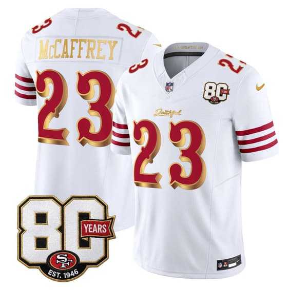 Men's San Francisco 49ers #23 Christian McCaffrey White Gold 80th Anniversary Patch 'Rivalries' 2026 F.U.S.E. Vapor Untouchable Limited Stitched Jersey,We sell and wholesale Men's San Francisco 49ers #23 Christian McCaffrey White Gold 80th Anniversary Patch 'Rivalries' 2026 F.U.S.E. Vapor Untouchable Limited Stitched Jersey on line form chian!