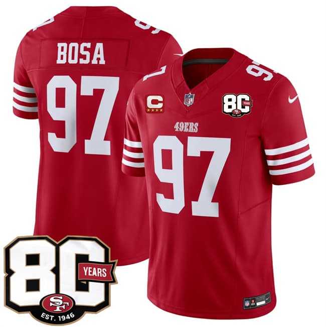 Men's San Francisco 49ers #97 Nick Bosa Red 2026 F.U.S.E. With 80th Anniversary & 4-Star C Patch Vapor Untouchable Limited Stitched Jersey,We sell and wholesale Men's San Francisco 49ers #97 Nick Bosa Red 2026 F.U.S.E. With 80th Anniversary & 4-Star C Patch Vapor Untouchable Limited Stitched Jersey on line form chian!