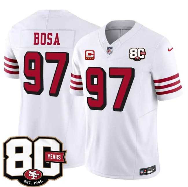 Men's San Francisco 49ers #97 Nick Bosa New White 2026 F.U.S.E. With 80th Anniversary & 4-Star C Patch Vapor Untouchable Limited Stitched Jersey,We sell and wholesale Men's San Francisco 49ers #97 Nick Bosa New White 2026 F.U.S.E. With 80th Anniversary & 4-Star C Patch Vapor Untouchable Limited Stitched Jersey on line form chian!