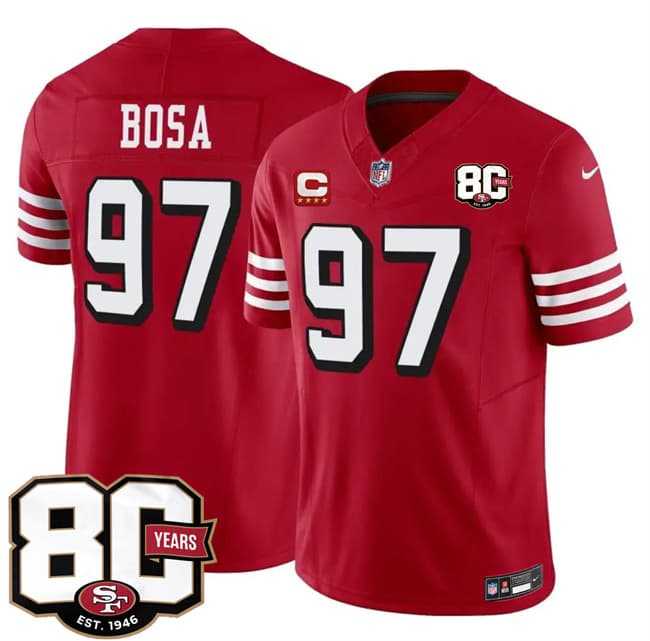Men's San Francisco 49ers #97 Nick Bosa New Red 2026 F.U.S.E. With 80th Anniversary & 4-Star C Patch Vapor Untouchable Limited Stitched Jersey,We sell and wholesale Men's San Francisco 49ers #97 Nick Bosa New Red 2026 F.U.S.E. With 80th Anniversary & 4-Star C Patch Vapor Untouchable Limited Stitched Jersey on line form chian!