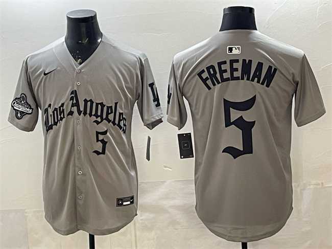 Men's Los Angeles Dodgers #5 Freddie Freeman Grey LA Gothic Style With 2025 World Series Champions Patch Limited Stitched Jersey Dzhi,We sell and wholesale Men's Los Angeles Dodgers #5 Freddie Freeman Grey LA Gothic Style With 2025 World Series Champions Patch Limited Stitched Jersey Dzhi on line form chian!