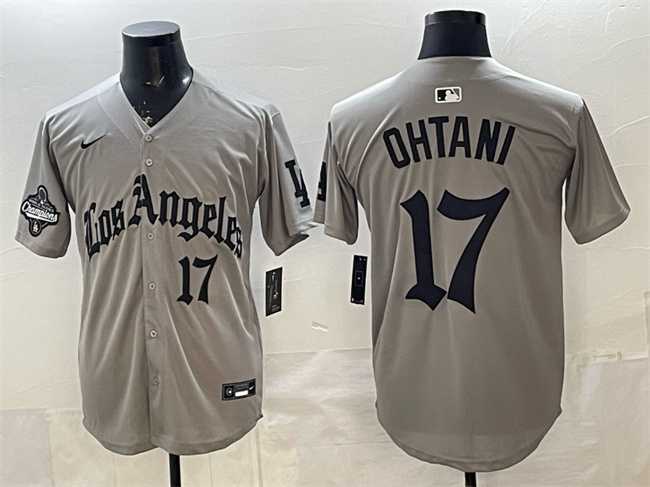 Men's Los Angeles Dodgers #17 Shohei Ohtani Grey LA Gothic Style With 2025 World Series Champions Patch Limited Stitched Jersey Dzhi,We sell and wholesale Men's Los Angeles Dodgers #17 Shohei Ohtani Grey LA Gothic Style With 2025 World Series Champions Patch Limited Stitched Jersey Dzhi on line form chian!