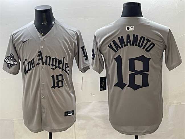 Men's Los Angeles Dodgers #18 Yoshinobu Yamamoto Grey LA Gothic Style With 2025 World Series Champions Patch Limited Stitched Jersey Dzhi,We sell and wholesale Men's Los Angeles Dodgers #18 Yoshinobu Yamamoto Grey LA Gothic Style With 2025 World Series Champions Patch Limited Stitched Jersey Dzhi on line form chian!