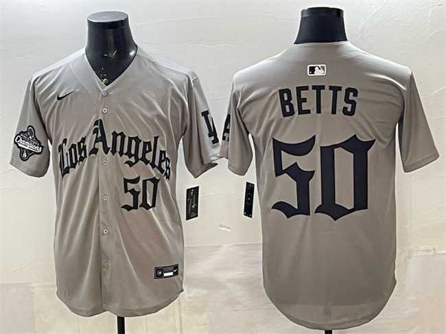 Men's Los Angeles Dodgers #50 Mookie Betts Grey LA Gothic Style With 2025 World Series Champions Patch Limited Stitched Jersey Dzhi,We sell and wholesale Men's Los Angeles Dodgers #50 Mookie Betts Grey LA Gothic Style With 2025 World Series Champions Patch Limited Stitched Jersey Dzhi on line form chian!