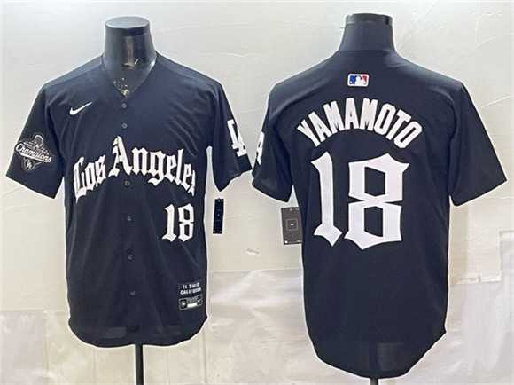 Men's Los Angeles Dodgers #18 Yoshinobu Yamamoto Black LA Gothic Style With 2025 World Series Champions Patch Limited Stitched Jersey Dzhi,We sell and wholesale Men's Los Angeles Dodgers #18 Yoshinobu Yamamoto Black LA Gothic Style With 2025 World Series Champions Patch Limited Stitched Jersey Dzhi on line form chian!