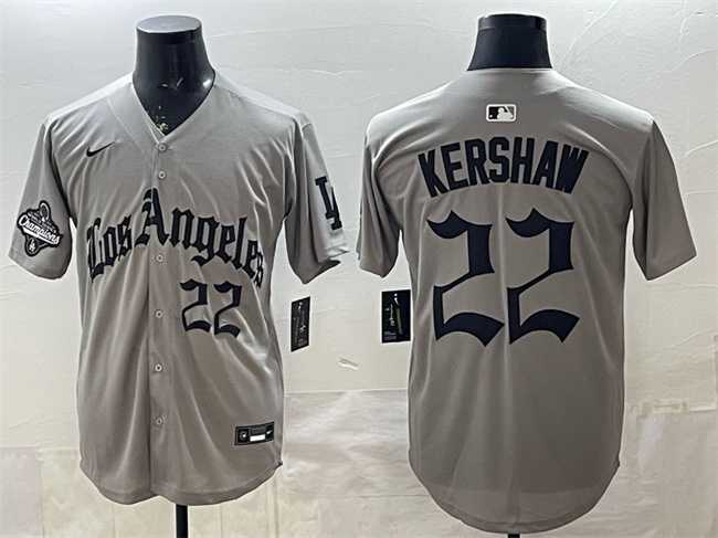 Men's Los Angeles Dodgers #22 Clayton Kershaw Grey LA Gothic Style With 2025 World Series Champions Patch Limited Stitched Jersey Dzhi,We sell and wholesale Men's Los Angeles Dodgers #22 Clayton Kershaw Grey LA Gothic Style With 2025 World Series Champions Patch Limited Stitched Jersey Dzhi on line form chian!