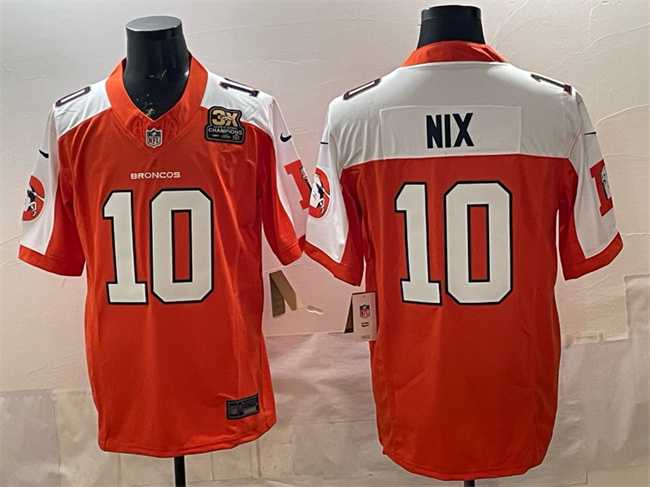 Men's Denver Broncos #10 Bo Nix Orange 2024 F.U.S.E. With 3-Time Champions Patch Throwback Vapor Limited Alternate Stitched Jersey,We sell and wholesale Men's Denver Broncos #10 Bo Nix Orange 2024 F.U.S.E. With 3-Time Champions Patch Throwback Vapor Limited Alternate Stitched Jersey on line form chian!