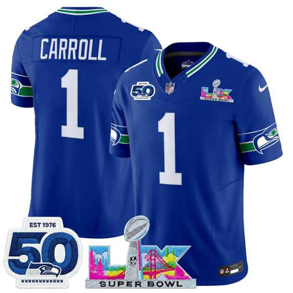 Men's Seattle Seahawks #1 Pete Carroll Royal 2025 F.U.S.E. Super Bowl LX Patch And 50th Season Patch Vapor Throwback Limited Stitched Jersey,We sell and wholesale Men's Seattle Seahawks #1 Pete Carroll Royal 2025 F.U.S.E. Super Bowl LX Patch And 50th Season Patch Vapor Throwback Limited Stitched Jersey on line form chian!