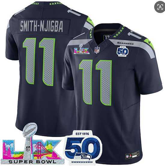 Men's Seattle Seahawks #11 Jaxon Smith-Njigba Navy 2025 F.U.S.E. Super Bowl LX Patch And 50th Season Patch Vapor Limited Stitched Jersey,We sell and wholesale Men's Seattle Seahawks #11 Jaxon Smith-Njigba Navy 2025 F.U.S.E. Super Bowl LX Patch And 50th Season Patch Vapor Limited Stitched Jersey on line form chian!