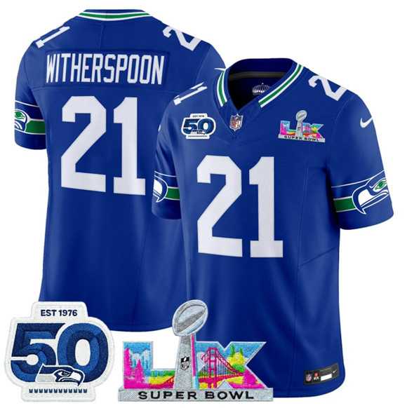 Men's Seattle Seahawks #21 Devon Witherspoon Royal 2025 F.U.S.E. Super Bowl LX Patch And 50th Season Patch Vapor Throwback Limited Stitched Jersey,We sell and wholesale Men's Seattle Seahawks #21 Devon Witherspoon Royal 2025 F.U.S.E. Super Bowl LX Patch And 50th Season Patch Vapor Throwback Limited Stitched Jersey on line form chian!