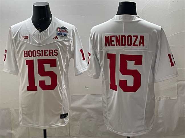 Men's Indiana Hoosiers #15 Fernando Mendoza White F.U.S.E. Peach Bowl Patch Stitched Football Jersey,We sell and wholesale Men's Indiana Hoosiers #15 Fernando Mendoza White F.U.S.E. Peach Bowl Patch Stitched Football Jersey on line form chian!