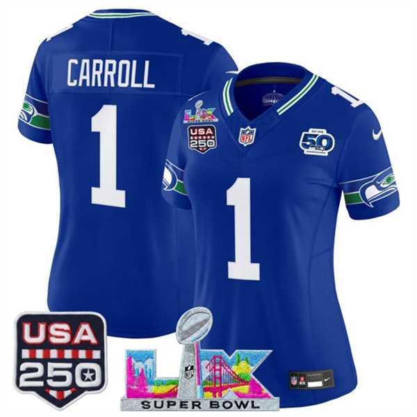Women's Seattle Seahawks #1 Pete Carroll Royal 2025 F.U.S.E. Super Bowl LX Patch And 50th Season & USA 250' Patch Vapor Throwback Limited Stitched Jersey,We sell and wholesale Women's Seattle Seahawks #1 Pete Carroll Royal 2025 F.U.S.E. Super Bowl LX Patch And 50th Season & USA 250' Patch Vapor Throwback Limited Stitched Jersey on line form chian!