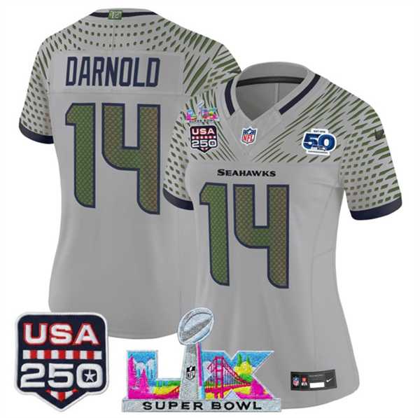 Women's Seattle Seahawks #14 Sam Darnold Gray 2025 F.U.S.E. Super Bowl LX & US 250th anniversary Patch And 50th Season Patch Rivalries Vapor Limited Stitched Jersey,We sell and wholesale Women's Seattle Seahawks #14 Sam Darnold Gray 2025 F.U.S.E. Super Bowl LX & US 250th anniversary Patch And 50th Season Patch Rivalries Vapor Limited Stitched Jersey on line form chian!