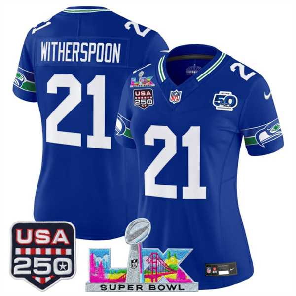 Women's Seattle Seahawks #21 Devon Witherspoon Royal 2025 F.U.S.E. Super Bowl LX Patch And 50th Season & USA 250' Patch Vapor Throwback Limited Stitched Jersey,We sell and wholesale Women's Seattle Seahawks #21 Devon Witherspoon Royal 2025 F.U.S.E. Super Bowl LX Patch And 50th Season & USA 250' Patch Vapor Throwback Limited Stitched Jersey on line form chian!